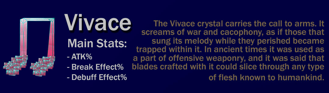 The Vivace crystal carries the call to arms. It screams of war and cacophony, as if those that sung its melody while they perished became trapped within it. In ancient times it was used as a part of offensive weaponry, and it was said that blades crafted w