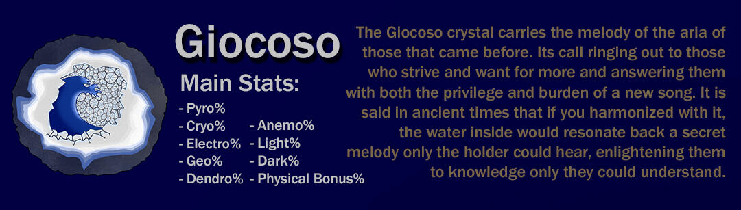 The Giocoso crystal carries the melody of the aria of those that came before. Its call ringing out to those who strive and want for more and answering them with both the privilege and burden of a new song. It is said in ancient times that if you harmonized
